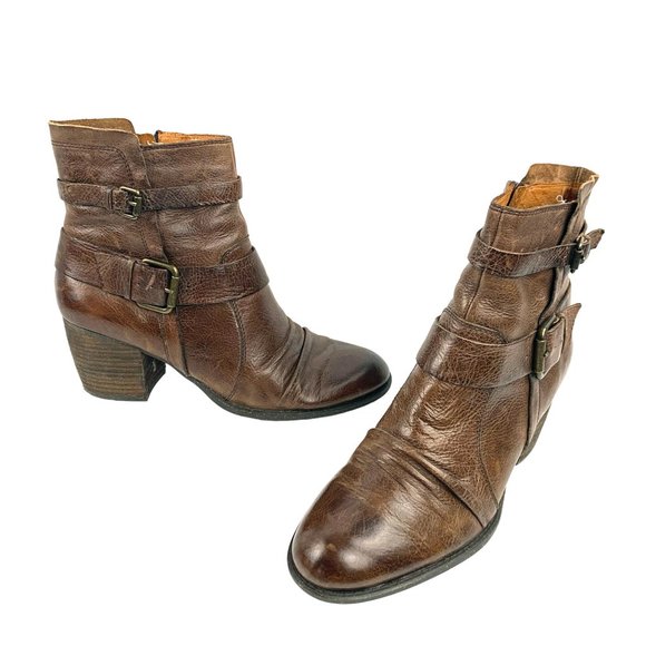 NAYA‎ Virtue Distressed Brown Leather Ruched Zip Buckle Ankle Boots - Picture 5 of 10